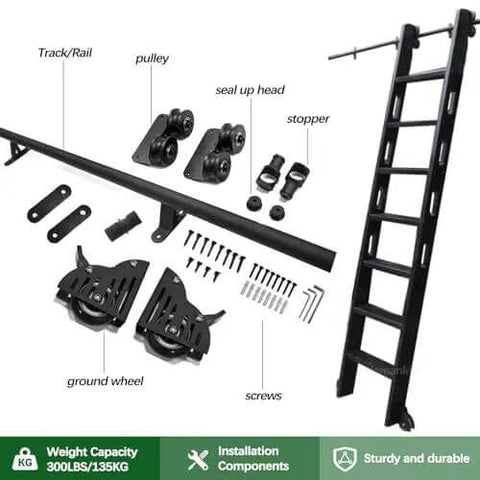 24 Foot Sliding Barn Door Ladder Hardware Kit With Round Tube Track And Bottom Brake Wheels For Home Library Ladders Pro Grade