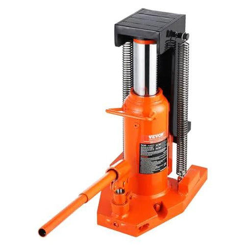 VEVOR hydraulic toe jack, orange body with chrome piston and black top, long handle for machinery lifting