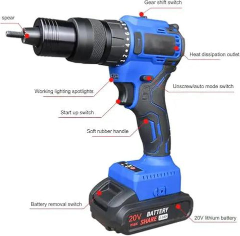 Electric Cordless Rivet Nut Gun With Brushless Motor And 4000 Mah Battery For Telecom Auto Repair And Home Diy Garage Projects, featuring a soft rubber handle and working spotlights.