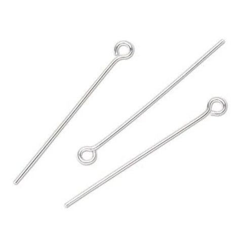 Real Sterling Silver Eye Pins, 50mm 2 Inch, 24 Gauge 0.5mm, 20 Pack For Jewelry Making, Hypoallergenic Nickel Free Lead Free Craft Wire Pins, Durable And Bendable, three pins shown