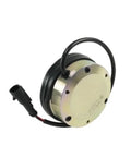 Electromagnetic brake for forklift material handling, round metal housing with black wiring and plug