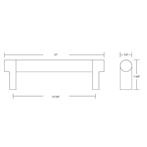 Diagram of Emtek Select Knurled Cabinet Pull in Satin Brass US4 Stem Finish, 12-inch center to center, showing dimensions and side view