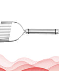 Stainless steel crinkle potato slicer with ribbed blade and U-shaped frame, hanging loop