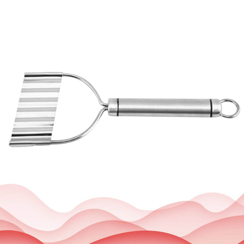 Stainless steel crinkle potato slicer with ribbed blade and U-shaped frame, hanging loop