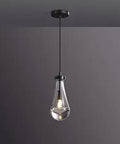 Raindrop Crystal Pendant Light Fixture For Kitchen Island And Living Areas, Clear glass droplet chandelier on black rope, modern sleek design