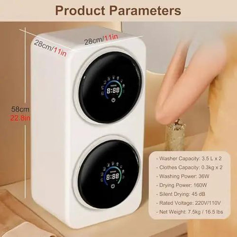 Apartment Ready Mini Washer And Dryer Combo Delivering No Sweat Cleaning Through Intuitive Touchscreen Interface Portable Two In One Laundry Solution With Stainless Steel Drum Plus Easy Flush Filter For Fresh Fabrics product parameters with dimensions and controls.