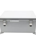 Front view of Watertight Electrical Junction Box With Mounting Plate And Clear Hinged Cover, Stainless Steel Latch, Grey.