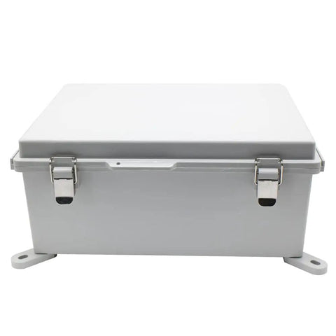 Front view of Watertight Electrical Junction Box With Mounting Plate And Clear Hinged Cover, Stainless Steel Latch, Grey.
