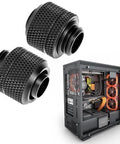 QWORK copper compression fittings for G1/4 water cooling, 2-pack, black finish, shown with a PC water cooling loop