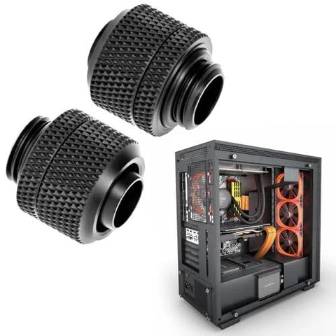 QWORK copper compression fittings for G1/4 water cooling, 2-pack, black finish, shown with a PC water cooling loop