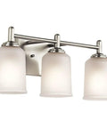 Three Light Vanity Light Fixture With Satin Etched Glass Shades In Olde Bronze, Wall Mount Over Mirror Bathroom Lighting