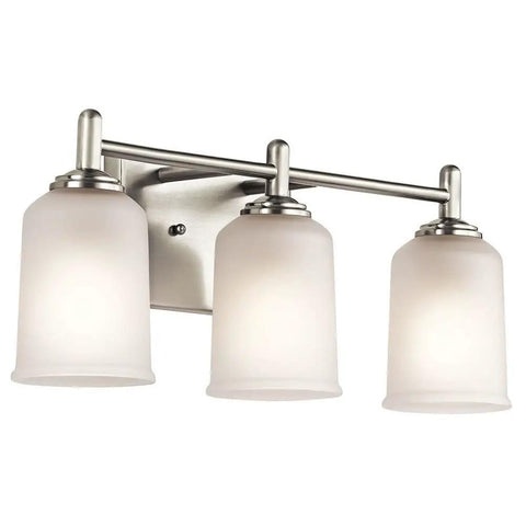 Three Light Vanity Light Fixture With Satin Etched Glass Shades In Olde Bronze, Wall Mount Over Mirror Bathroom Lighting