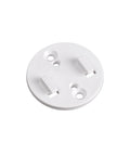 Front view of white round mounting plate with two rectangular tabs and screw holes for electric blind motors.