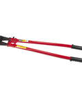 36 Inch Bolt Cutter With Steel Handles, Beefy Vinyl Grips, Flat Grip Ends for 90 Degree Cuts displayed on white background.