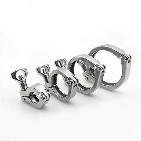 Five 1.5-inch stainless steel sanitary tri-clamp clamps with wing nuts