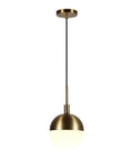 Eight Inch Wide Small Pendant Light With Glass Shade In Brass And White Milk Glass, ideal for modern kitchens and compact spaces.