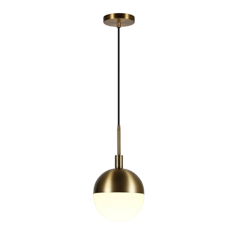 Eight Inch Wide Small Pendant Light With Glass Shade In Brass And White Milk Glass, ideal for modern kitchens and compact spaces.