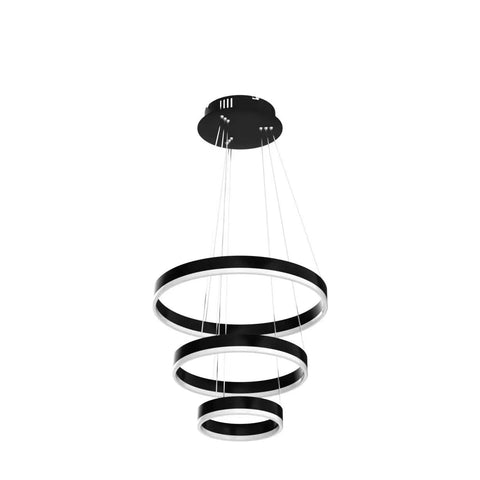 Slick Black Circular LED Pendant Light With Adjustable Height, Modern Chandelier Ceiling Fixture in black and silver rings.