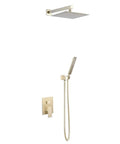 Wall Mount Shower Set With 10 Inch Square Rainfall Head And Dual Function Handheld Sprayer, modern gold finish, sleek design.
