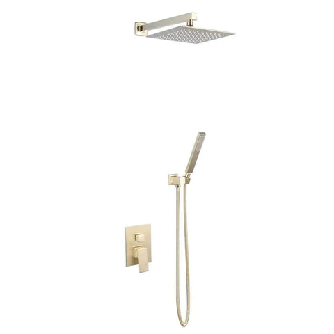 Wall Mount Shower Set With 10 Inch Square Rainfall Head And Dual Function Handheld Sprayer, modern gold finish, sleek design.