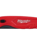 FASTBACK Compact Flip Utility Knife With Tool Free Blade Change One Handed Opening Quick Blade Access Accepts Standard Blades Lightweight Slick Design Belt Clip For Easy Carry red side view