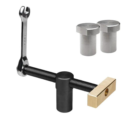 Heavy Duty Woodworking Workbench With Integrated Screw And Accessory Fixing System components including wrench and pins