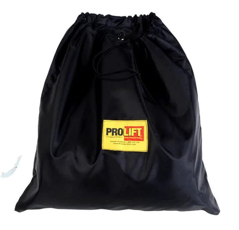 Front view of black ProLift shoulder dolly storage bag with drawstring closure and yellow patch