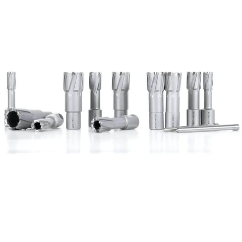 Front view of OSCARBIDE 13-piece carbide annular cutter set with Weldon shanks; 1/2"–1-1/8" diameters, 1-3/8" depth