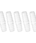 Five white plastic hose barb fittings, 3/8-inch to 3/8-inch barbed splicer adapters, pack of 5.