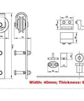 Heavy Duty Double Bypass Sliding Barn Door Hardware Kit With Low Profile Flat Track System technical drawing with dimensions.