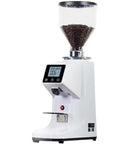 Pro Grade Flat Burr Coffee Grinder With 19 Grind Settings For Espresso Pour Over Drip And French Press Stainless Steel Burrs White Bean Hopper, sleek white design.