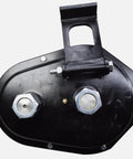 Front view of a black metal 2-speed gear box for Timpte hopper door; mounting bracket and two large hex nuts visible.