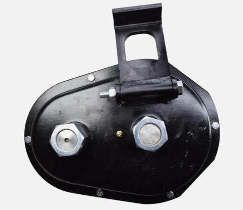 Front view of a black metal 2-speed gear box for Timpte hopper door; mounting bracket and two large hex nuts visible.