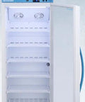 Commercial Stacked Refrigerator And Freezer Combo For Vaccine Storage Featuring Legit CDC VFC Compliance Medical Grade Green Dot Plug Digital Temp Control No Hassle Defrost, interior view with shelves.