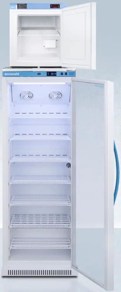 Commercial Stacked Refrigerator And Freezer Combo For Vaccine Storage Featuring Legit CDC VFC Compliance Medical Grade Green Dot Plug Digital Temp Control No Hassle Defrost, interior view with shelves.