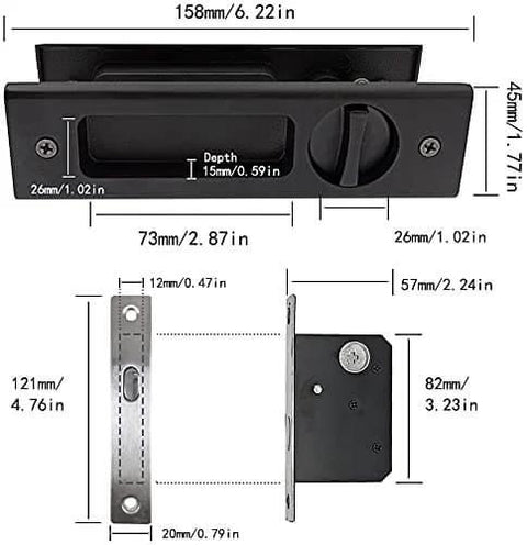 Matte Black Privacy Pocket Door Lock Hardware With Invisible Recessed Handle Latch And Keys, 6.3 Inch Sliding Door Mortise Lock dimensions