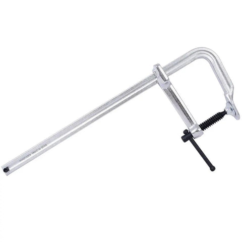 Solid 16 Inch Heavy Duty F Clamp Made From Drop Forged Steel Boasts A Massive Throat And 1400 Lbs Force side view on white background