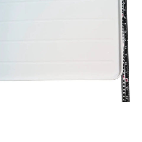 Corner view of white Replacement Fridge Crisper Drawer Pan Cover For WR32X10398 And WR32X1094, showing dimensions with ruler.