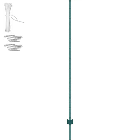 Beefy 7 Feet U Channel Fence Post Set 10 Pack With 50 Zip Ties And 20 Clips For Garden Yard Farm And Outdoor Wire Fencing Heavy Duty Steel Stakes Green showing a single green post, zip ties, and clips.