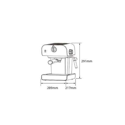 Technical diagram of Retro Semi Automatic Coffee Machine For Home Use With Built In Milk Frother Espresso Pump 850W 110 240 Volts Compact Barista Ready Kitchen Gadget For Rich Smooth Coffee At Home with dimensions 289mm by 217mm by 291mm.