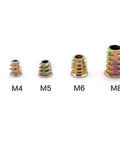 Vibrant Assortment Of Zinc Plated M5 And M8 Hex Socket Furniture Inserts With Durable Color Coding In Compact Case showing M4, M5, M6, M8 sizes.