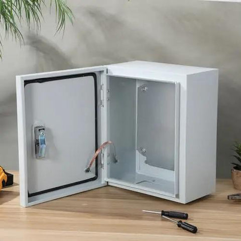 Open Metal Junction Box 250x300x140mm Rugged Wall Mounted Electrical Enclosure For Outdoor Use on a table
