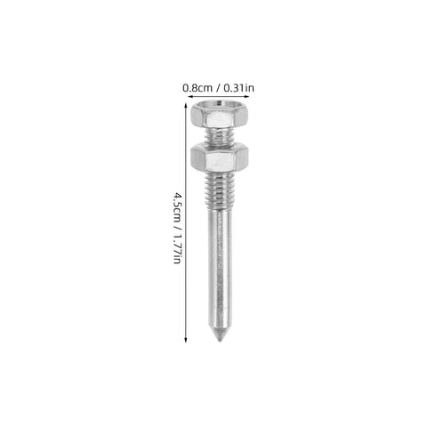 20 Pack Lawn Spikes For Aerator Shoes, detailed view of a single silver nail soil spike with measurements.
