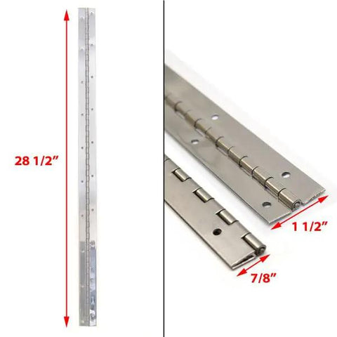 Top Shelf Marine Piano Hinge 28 And Half Inch 16 Gauge Stainless Steel Boat Door Hinge showcasing size and sturdy build.