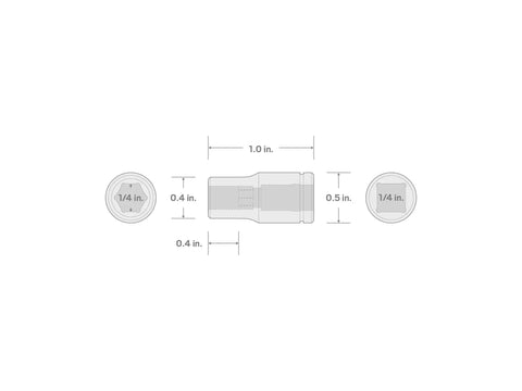 Diagram of 1/4 Inch Drive Hex Bit Holder Socket With Magnetic Retention, showing dimensions and fit for 1/4 inch hex shank bits.