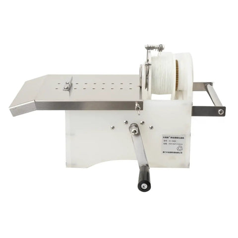 Kickass Stainless Steel Sausage Tying Machine For Home Grill Crews No Sweat Hand Crank Knotter For Fresh Cased Links Up To Forty Five Millimeters side view with spool and crank.