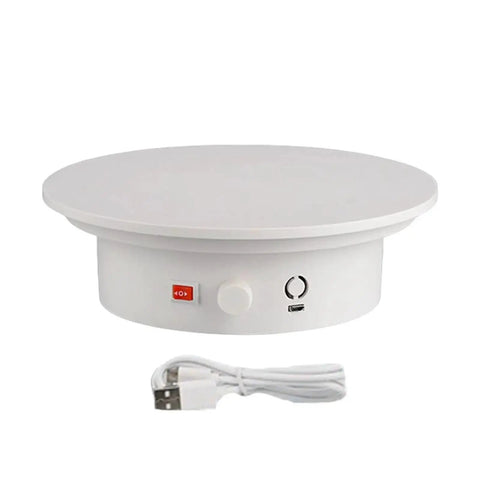 Electric Rotating Display Turntable Stand For Jewelry, Cakes, Electronics Photography with white and USB power cable.