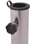 Close-up of Grey Polished Granite And Stainless Steel Umbrella Stand With Transport Rollers, knob for securing pole.