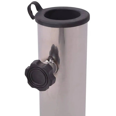 Close-up of Grey Polished Granite And Stainless Steel Umbrella Stand With Transport Rollers, knob for securing pole.
