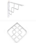 Hella Sturdy White Floating Shelf Brackets For Wall Mounted Storage Heavy Duty Metal Corner Supports Two Pack shown from two angles.